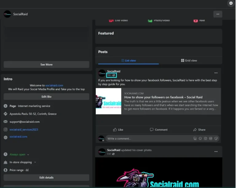 A screenshot of a Facebook post on the SocialRaid page feed, with a bright cyan rectangular box highlighting the post's timestamp option '1m' beneath the page name to show where to click to reveal the direct URL.