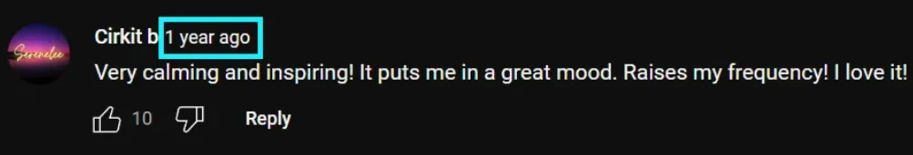 A close-up screenshot of a YouTube comment section, where the timestamp reading '1 year ago' next to the user's name is highlighted inside a bright cyan rectangular box to show where to click to generate a permalink.