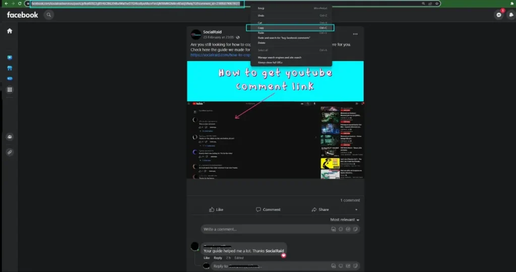 how to find and copy a facebook comment link. A desktop web browser screenshot demonstrating how to copy a Facebook comment permalink. Cyan rectangular boxes highlight the complete post URL in the address bar containing the specific comment ID parameter, as well as the 'Copy' action selected inside an open right-click context menu.