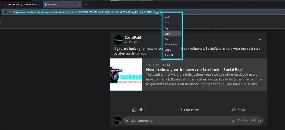 A desktop screen capture of a Facebook post URL selected inside the browser address bar, showing an open right-click context menu framed by a bright cyan rectangular line with the Copy command highlighted.