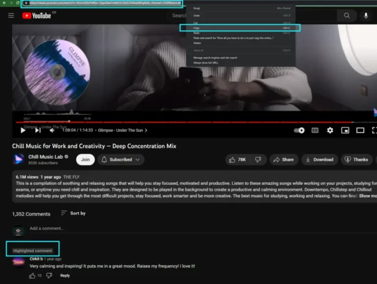 how to copy youtube comment link. A desktop screenshot of a YouTube video page showing a highlighted comment at the bottom section. Bright cyan rectangular boxes outline the selected permalink URL in the browser address bar at the top, the 'Highlighted comment' label, and the 'Copy' action within an open right-click context menu.