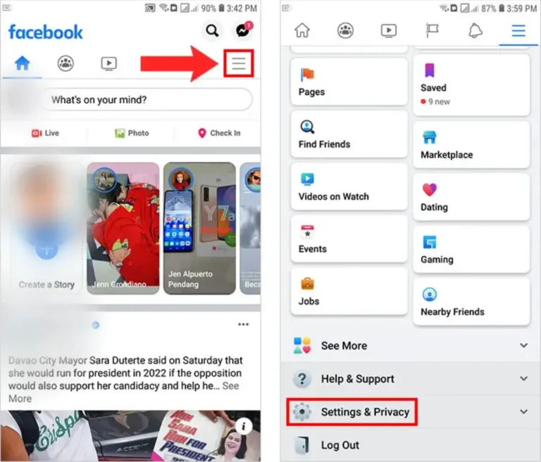 A side-by-side screenshot of the Facebook mobile app interface. The left screen shows the main home feed with a large red arrow pointing to the three horizontal lines of the hamburger menu in the top right corner. The right screen shows the expanded menu options with the Settings and Privacy tab highlighted inside a red rectangular box.