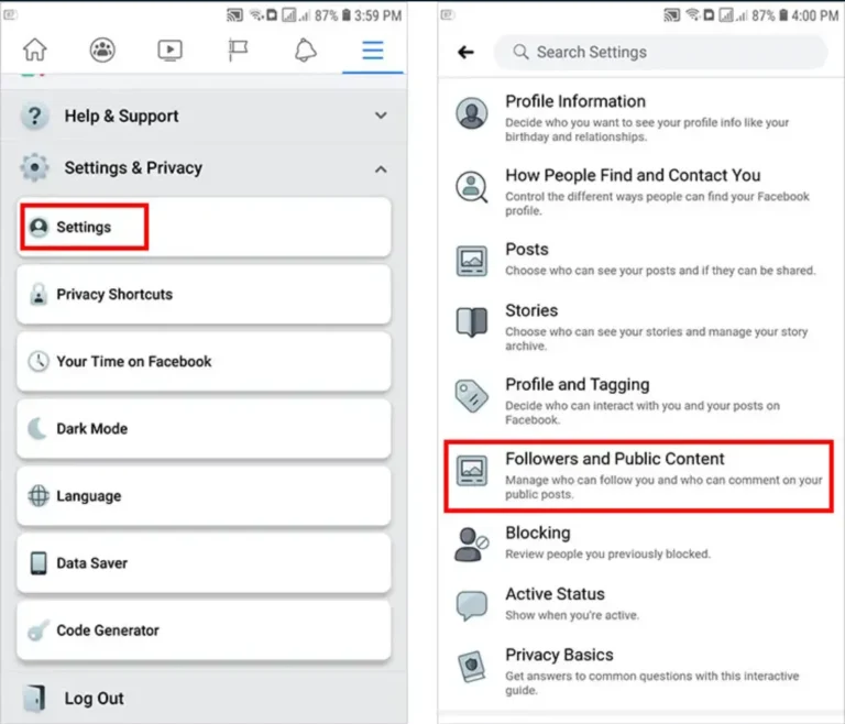 A side-by-side screenshot of the Facebook mobile app settings interface. The left screen shows the expanded 'Settings & Privacy' section with the main 'Settings' option highlighted inside a red rectangular outline. The right screen displays the main settings list, highlighting the 'Followers and Public Content' tab within another red rectangular outline.