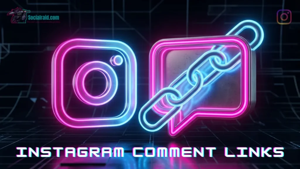 A futuristic cyberpunk 3D illustration with a dark tech background, featuring a glowing fuchsia and ice blue neon Instagram logo next to a neon comment bubble and a digital chain link, representing how to find and copy a link to an Instagram comment.