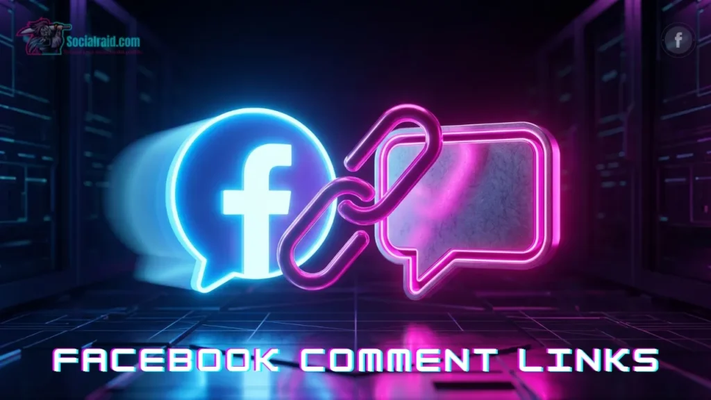 A futuristic cyberpunk 3D illustration with a dark tech background, featuring an ice blue neon Facebook icon next to a fuchsia neon comment bubble and a glowing chain link, representing how to find and copy a Facebook comment link.