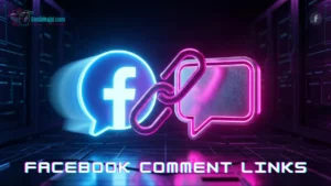 A futuristic cyberpunk 3D illustration with a dark tech background, featuring an ice blue neon Facebook icon next to a fuchsia neon comment bubble and a glowing chain link, representing how to find and copy a Facebook comment link.