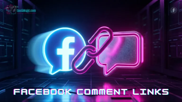 A futuristic cyberpunk 3D illustration with a dark tech background, featuring an ice blue neon Facebook icon next to a fuchsia neon comment bubble and a glowing chain link, representing how to find and copy a Facebook comment link.