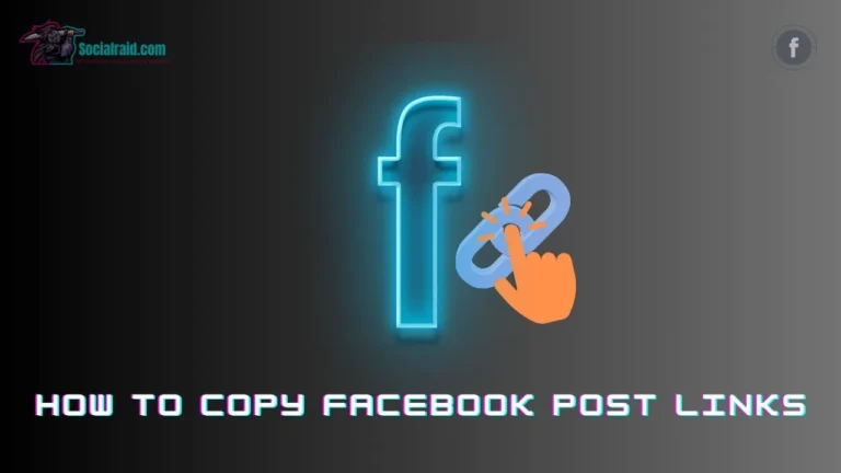 A featured illustration for a Facebook guide featuring the white Facebook logo inside a dark blue circular badge, with an orange cartoon hand clicking a blue hyperlink chain icon on a dark gray gradient background.
