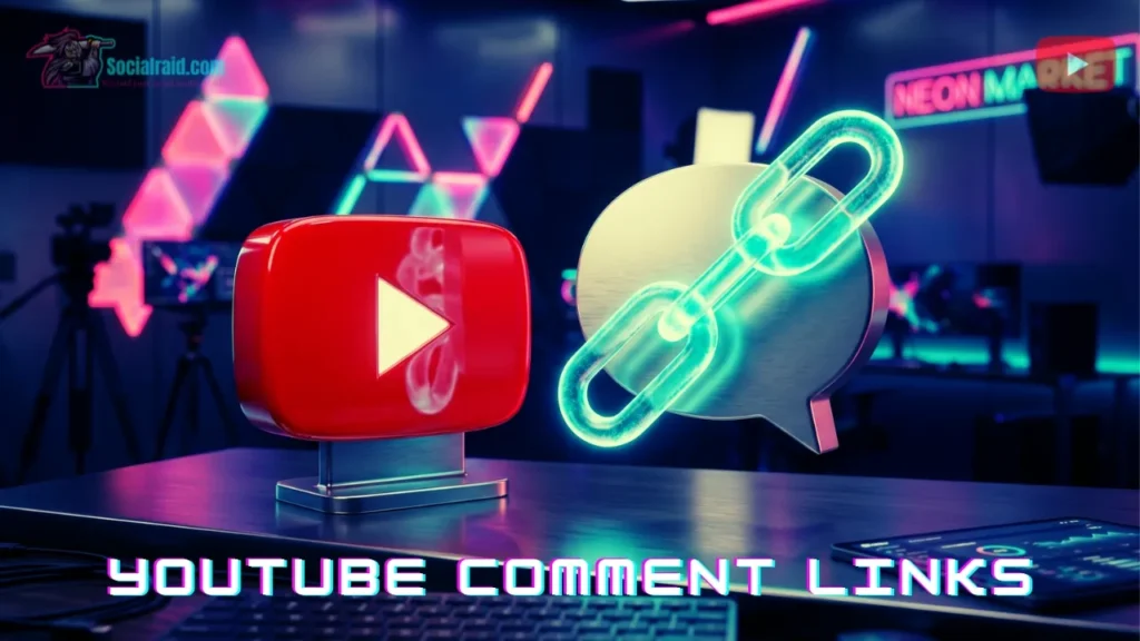 A premium 3D illustration featuring the red YouTube logo next to a silver comment speech bubble and a glowing blue chain link icon, representing how to get a YouTube comment link.