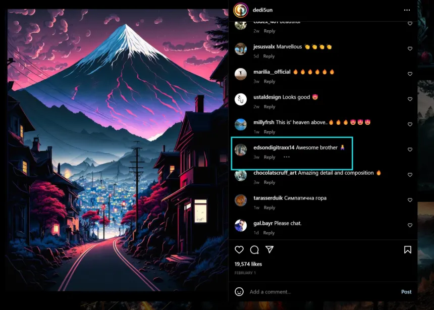 A desktop browser screenshot of an Instagram post feed where a specific user comment reading 'Awesome brother' is highlighted and isolated inside a prominent cyan rectangular box to guide the reader.