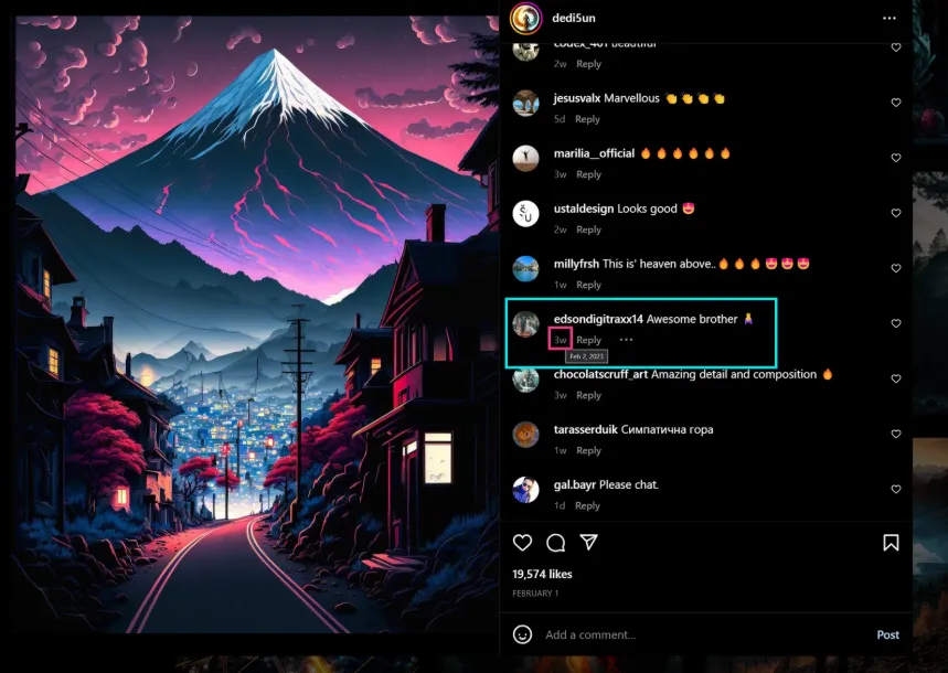 how to find and copy link instagram comment. A desktop browser screenshot of an Instagram comment thread. A cyan rectangular box highlights a specific comment, while a smaller fuchsia box points out the relative timestamp reading '3w'. A native hover tooltip showing the exact date 'Feb 2, 2023' is visible underneath.