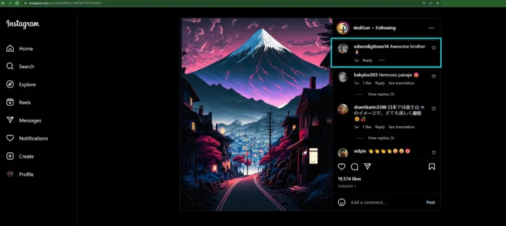 A full desktop web browser screenshot displaying a pinned Instagram comment permalink. A cyan rectangular box highlights the target comment positioned at the absolute top of the comments feed, illustrating how the browser address bar updates with the specific comment ID URL parameter.