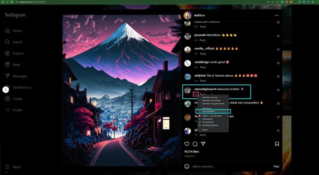 A desktop browser screenshot demonstrating the right-click shortcut to copy an Instagram comment URL. A cyan rectangular box highlights the target comment and the 'Copy link address' option selected inside the open browser context menu, while a smaller fuchsia box highlights the relative timestamp reading '3w'.
