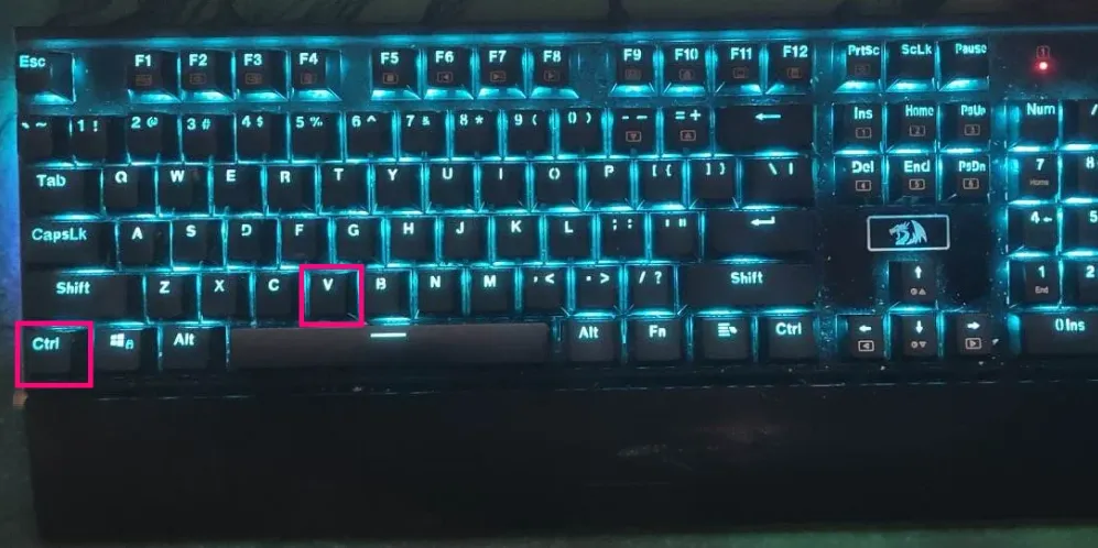 A photo of a black mechanical computer keyboard with blue RGB backlighting. The bottom-left 'Ctrl' key and the letter 'V' key are highlighted inside separate bright pink rectangular boxes to demonstrate the keyboard shortcut for pasting a link.