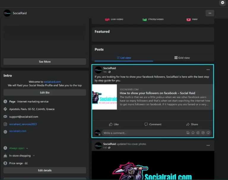 A screenshot of the SocialRaid Facebook page interface, where a single post containing a shared article link about Facebook followers is highlighted inside a bright cyan rectangular border in the main feed view.