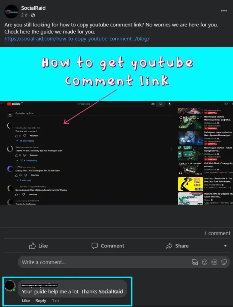 A screenshot of a SocialRaid Facebook post promoting a text guide, highlighting a positive user comment inside a cyan rectangular box that reads 'Your guide help me a lot. Thanks SocialRaid'.