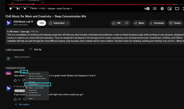 A desktop browser screenshot demonstrating the right-click shortcut to copy a YouTube comment URL. Cyan rectangular boxes highlight the comment's timestamp and the 'Copy link address' option inside the open browser context menu.