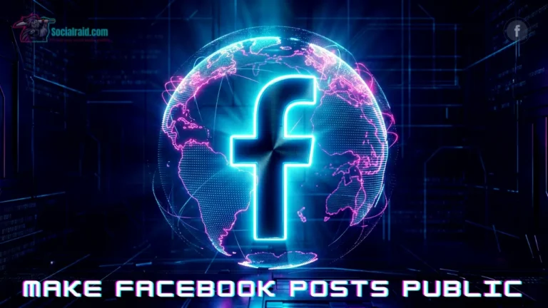 A high-tech cyberpunk 3D graphic featuring a glowing electric blue Facebook logo integrated with a holographic fuchsia neon globe on a dark digital background, representing how to make a Facebook post public.