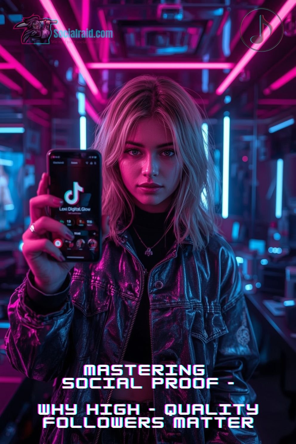 A realistic female TikTok influencer in a cyberpunk room analyzing her high follower count growth on her phone.