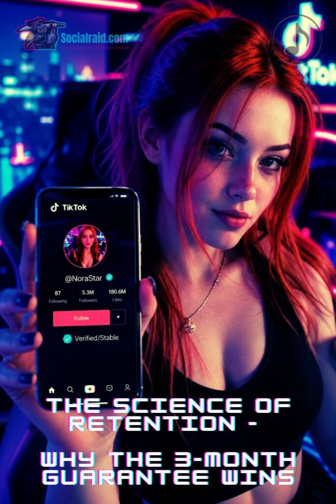 Close-up of an influencer's phone in a cyberpunk setting showing a stable, high-quality TikTok follower count.
