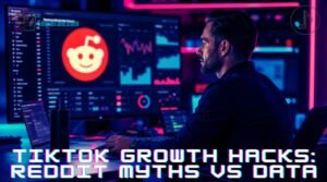 A detailed analytical dashboard displaying TikTok growth hacks performance metrics in a cyberpunk office.