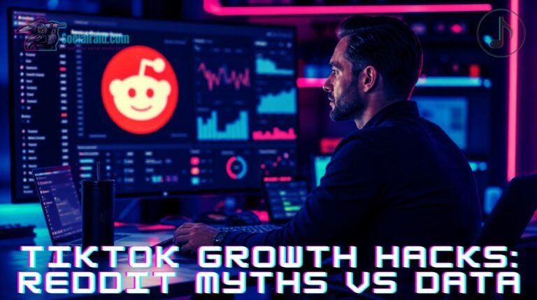 A detailed analytical dashboard displaying TikTok growth hacks performance metrics in a cyberpunk office.
