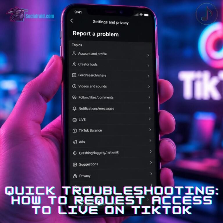 A smartphone displaying the TikTok settings and report a problem menu screen in a neon studio.