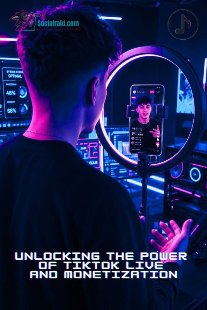 A male TikTok creator in a cyberpunk studio preparing to launch a Live stream with 1,000+ followers.