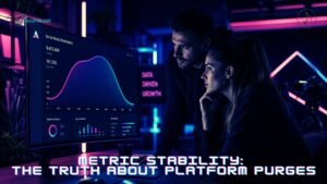 Two digital growth marketers sitting in a dark, neon-lit studio room looking closely at an analytics graph showing steady follower distribution channels.