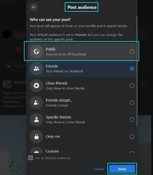 How to make a Facebook post public method 2 step 4 - Select Public in Post Audience window
