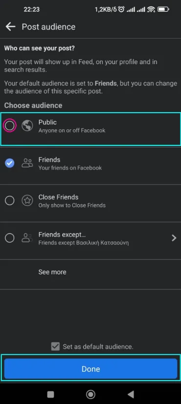 How to make a Facebook post public mobile method 2 step 4 - Choose Public and hit Done
