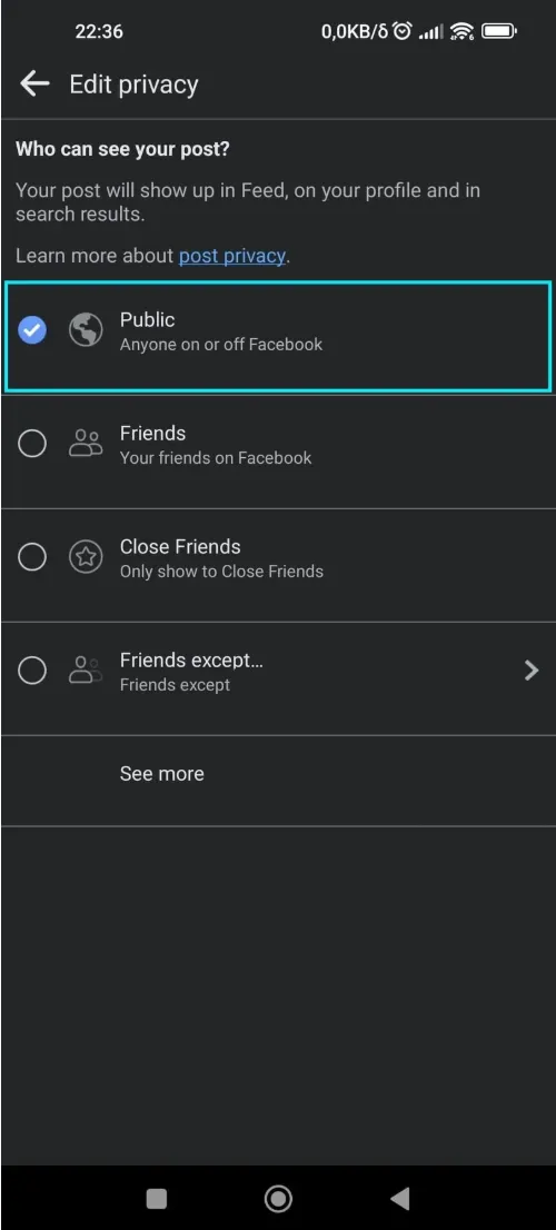 How to make a Facebook post public mobile method 1 step 5 - Select Edit Privacy from menu