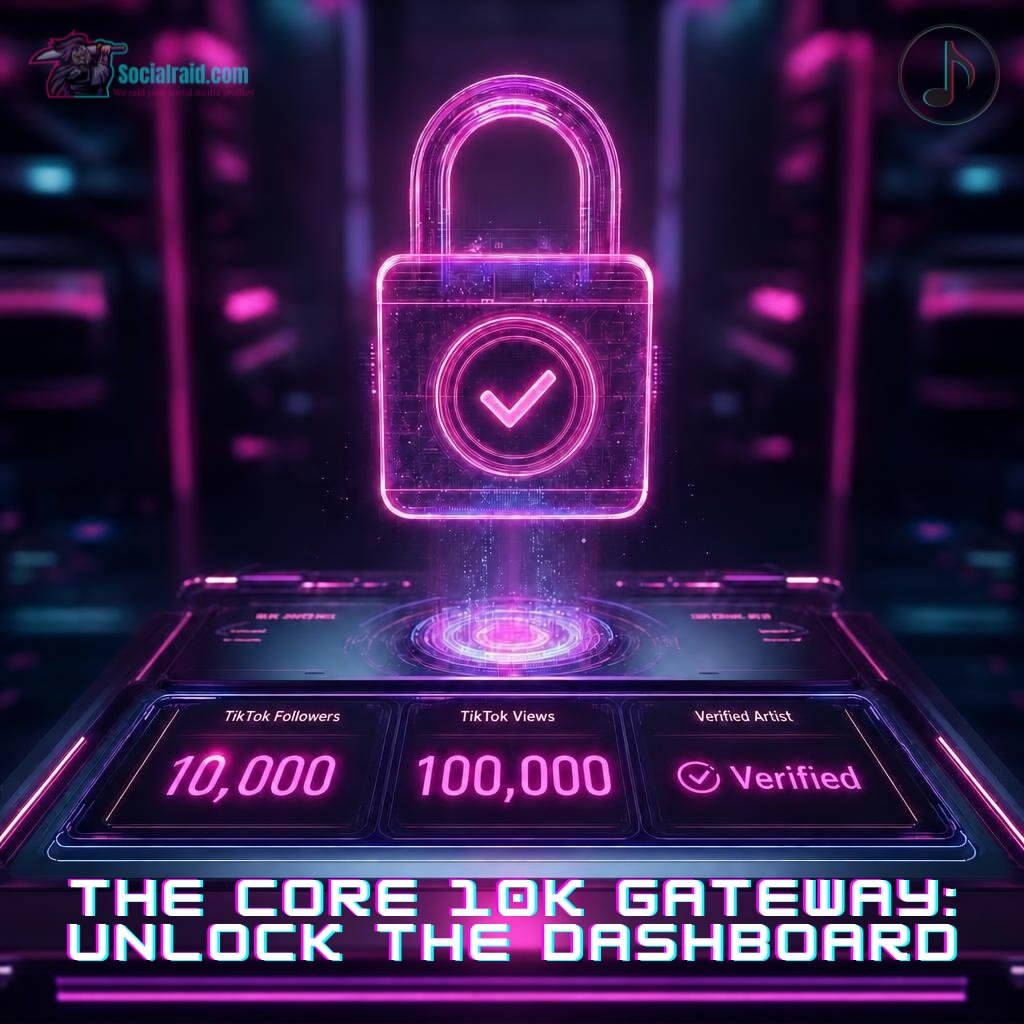 A conceptual 3D checklist showing the 10,000 followers and 100,000 views verification milestones.