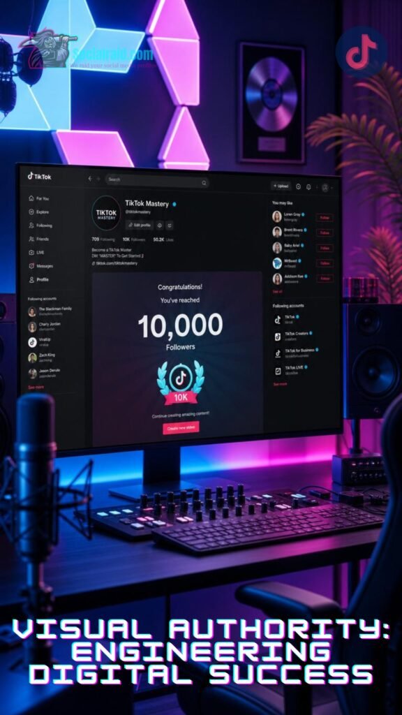 A high-end social media workstation displaying a highly successful TikTok profile metrics page with 10k followers.
