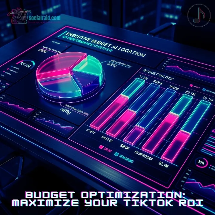 A modern marketing budget allocation chart showing a strategic split between social proof metrics and official ad spend to lower the total cost of tiktok ads. Styled with fuchsia and neon blue colors on a dark mode interface.
