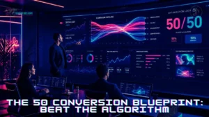A group of digital marketing professionals in a high-tech command center analyzing data pipelines and algorithmic optimization charts on a large glass monitor.
