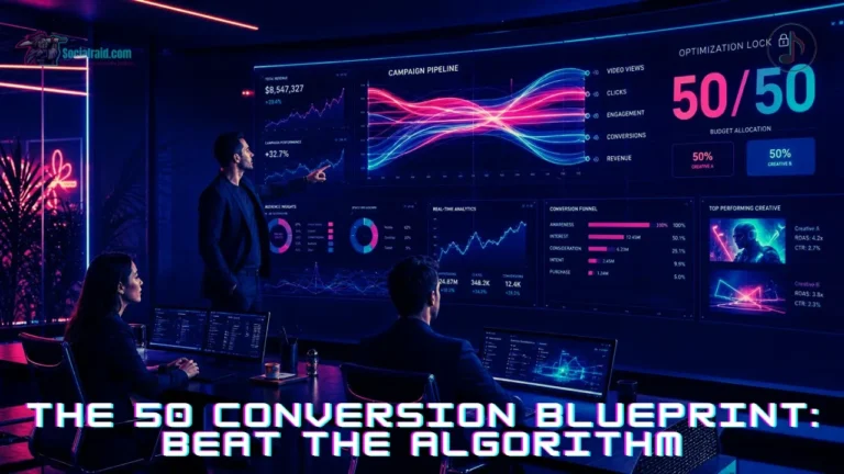 A group of digital marketing professionals in a high-tech command center analyzing data pipelines and algorithmic optimization charts on a large glass monitor.