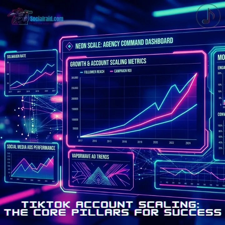 Tiktok creator fund requirements: A professional digital growth dashboard showing analytics charts and data metrics for account scaling to meet the tiktok creator fund requirements. The interface features neon blue and fuchsia accents on a dark cyberpunk background.