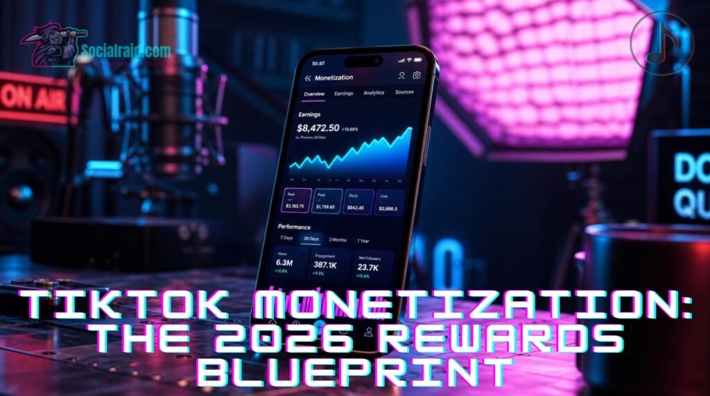 A close-up of a modern creator's workspace displaying a smartphone with a booming analytics dashboard.