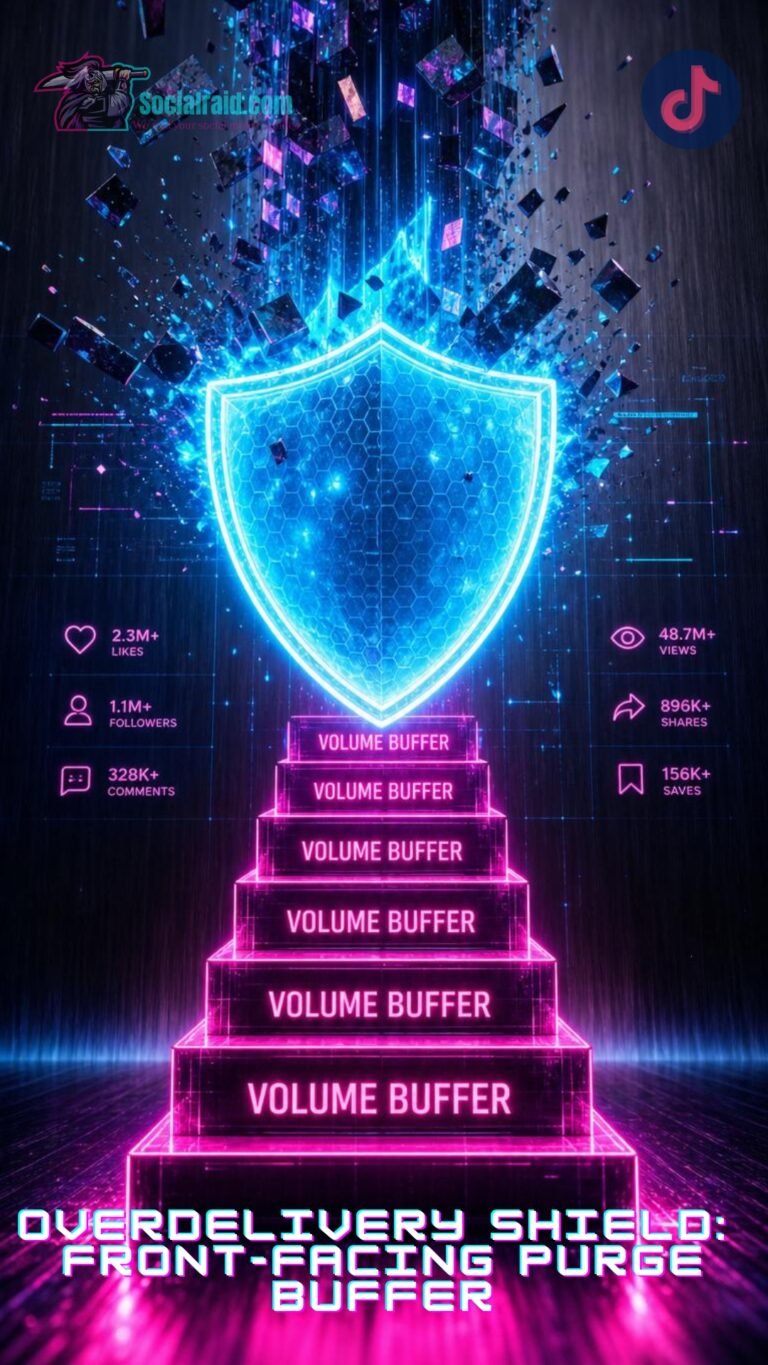 An architectural 3D layout demonstrating a high-tech digital shield absorbing drops on a social media tracking dashboard.
