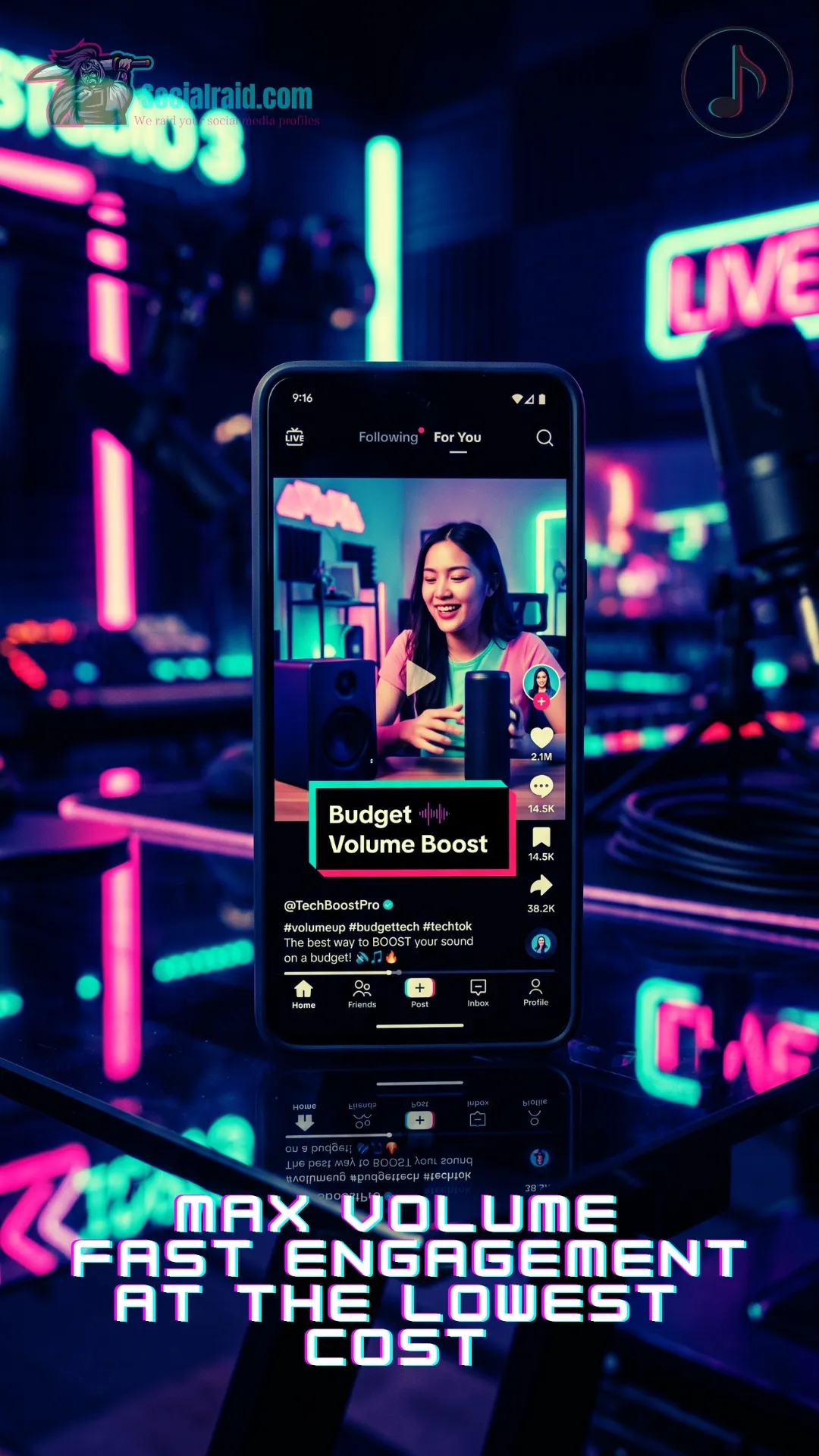 A dark glass smartphone screen showing high volume TikTok likes delivered on a budget post.