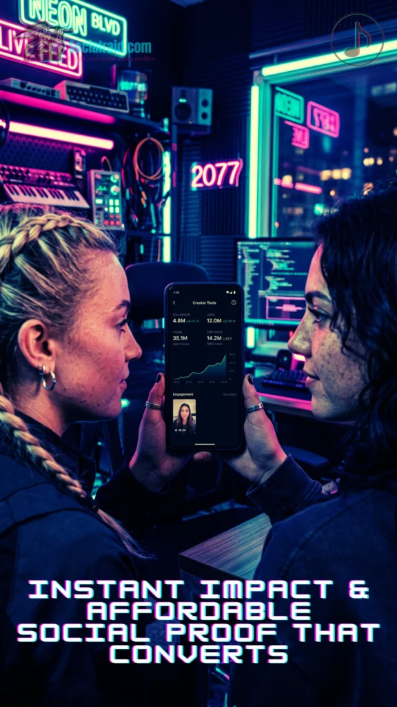 A female creator smiling while looking at her smartphone analytics showing high like counts in a neon studio.