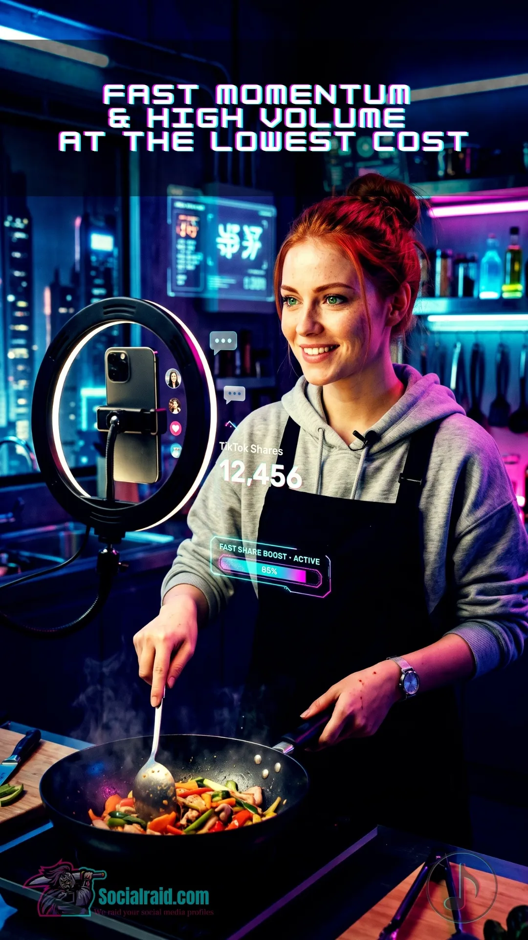 A female content creator smiling while checking rapid TikTok video shares delivery on her smartphone in a neon studio.