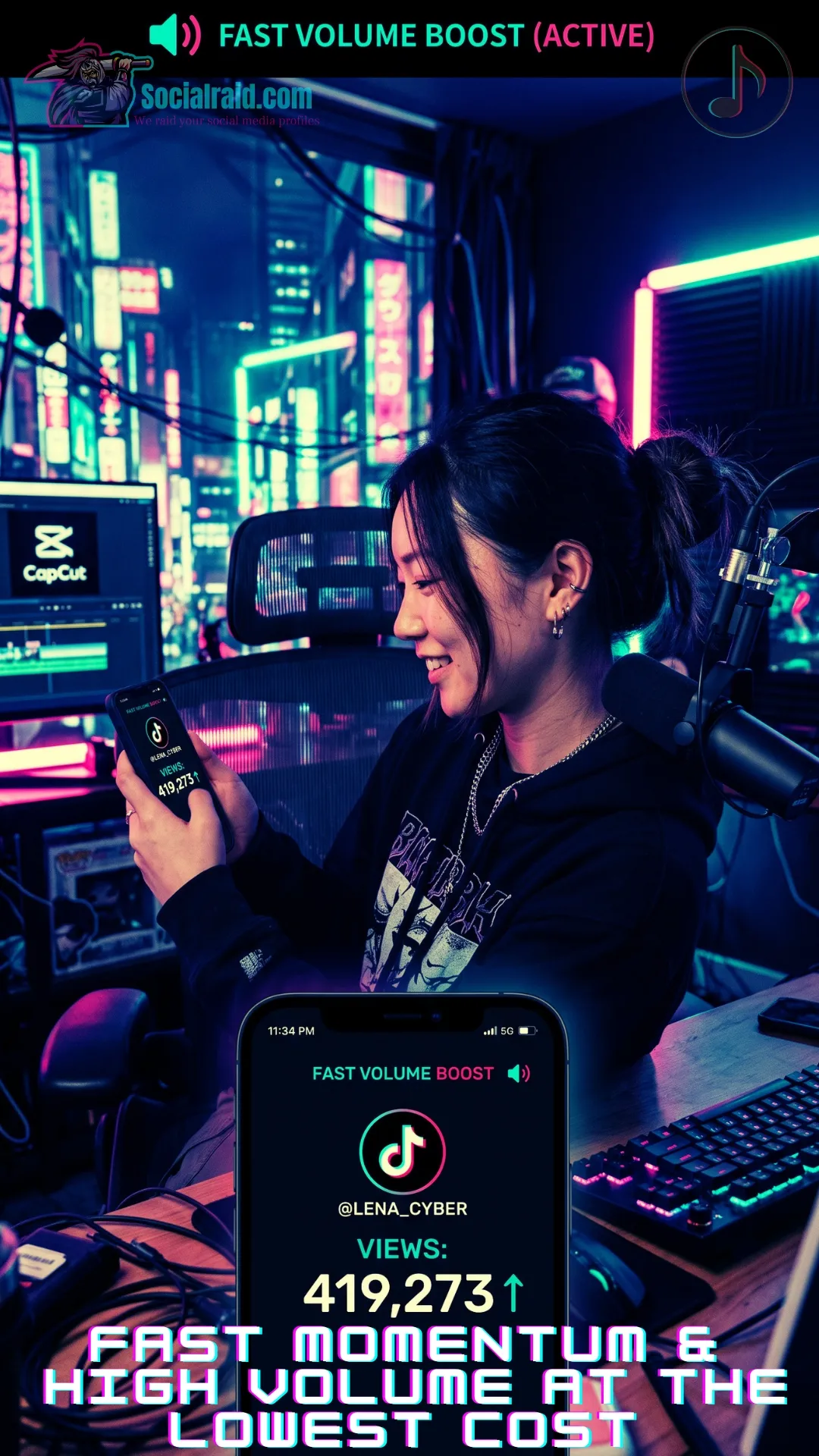 A female content creator smiling while checking rapid TikTok video views delivery on her smartphone in a neon studio.