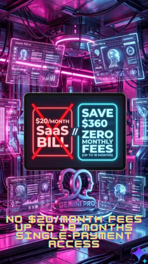 A futuristic main product cover artwork featuring a modernized Gemini Pro AI logo, comparing $20 monthly SaaS fees against zero monthly subscription access up to 18 months.