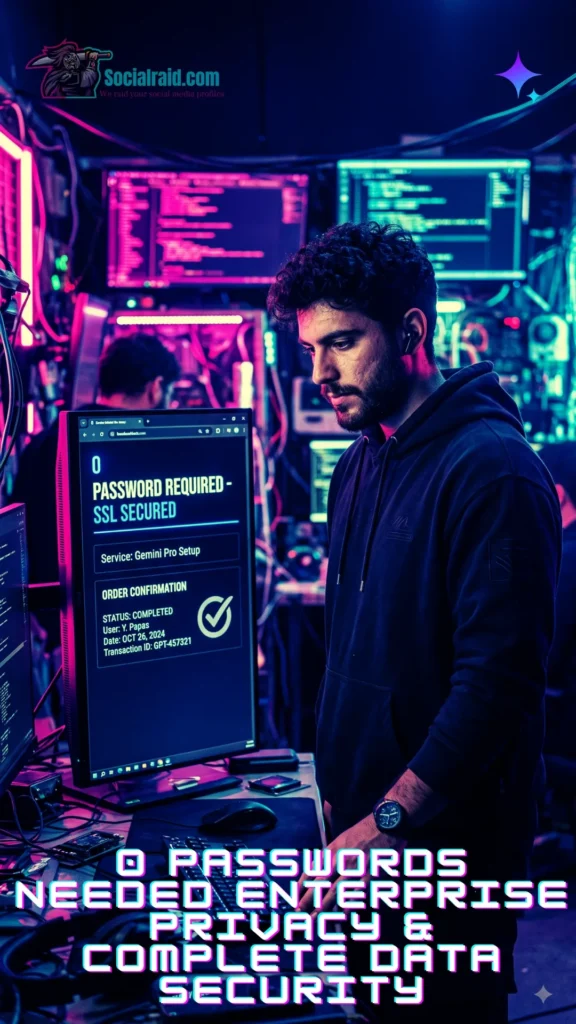 A male tech expert holding a smartphone showing a 0-password security badge in a cyberpunk setting.