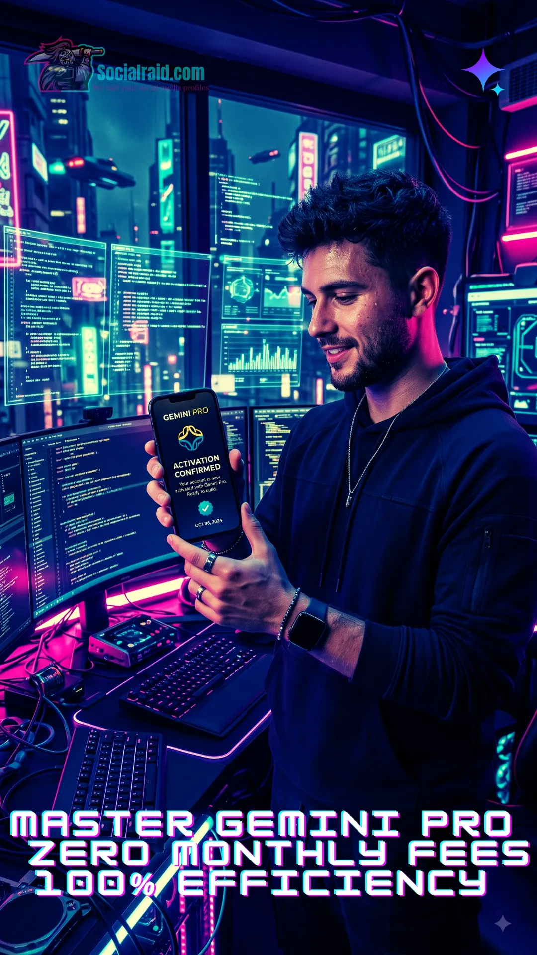 A digital entrepreneur working on a futuristic workstation with Gemini Pro AI interfaces floating on neon screens.
