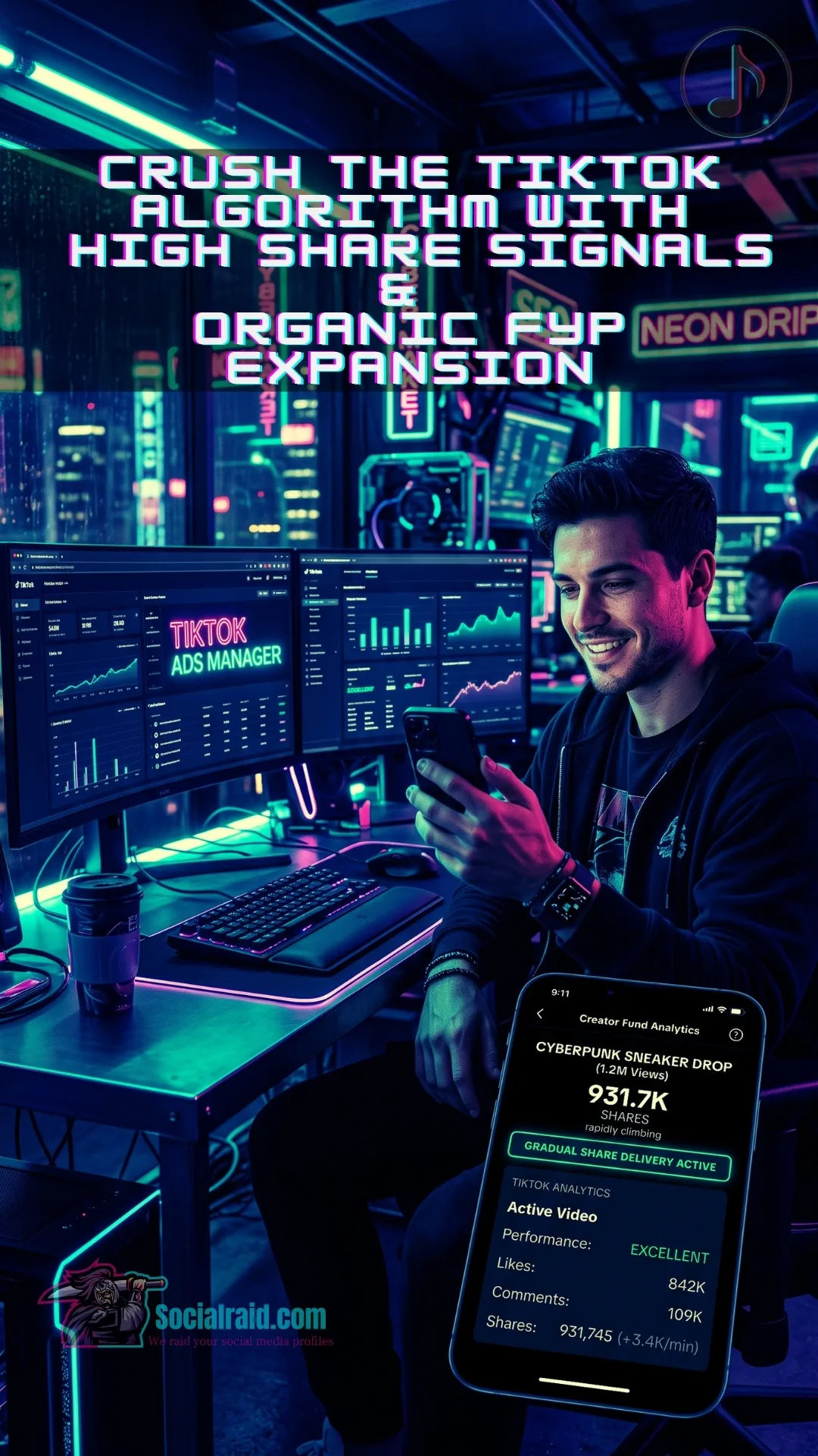 A male digital marketer reviewing viral TikTok share metrics and rising engagement graphs on a smartphone in a modern studio.