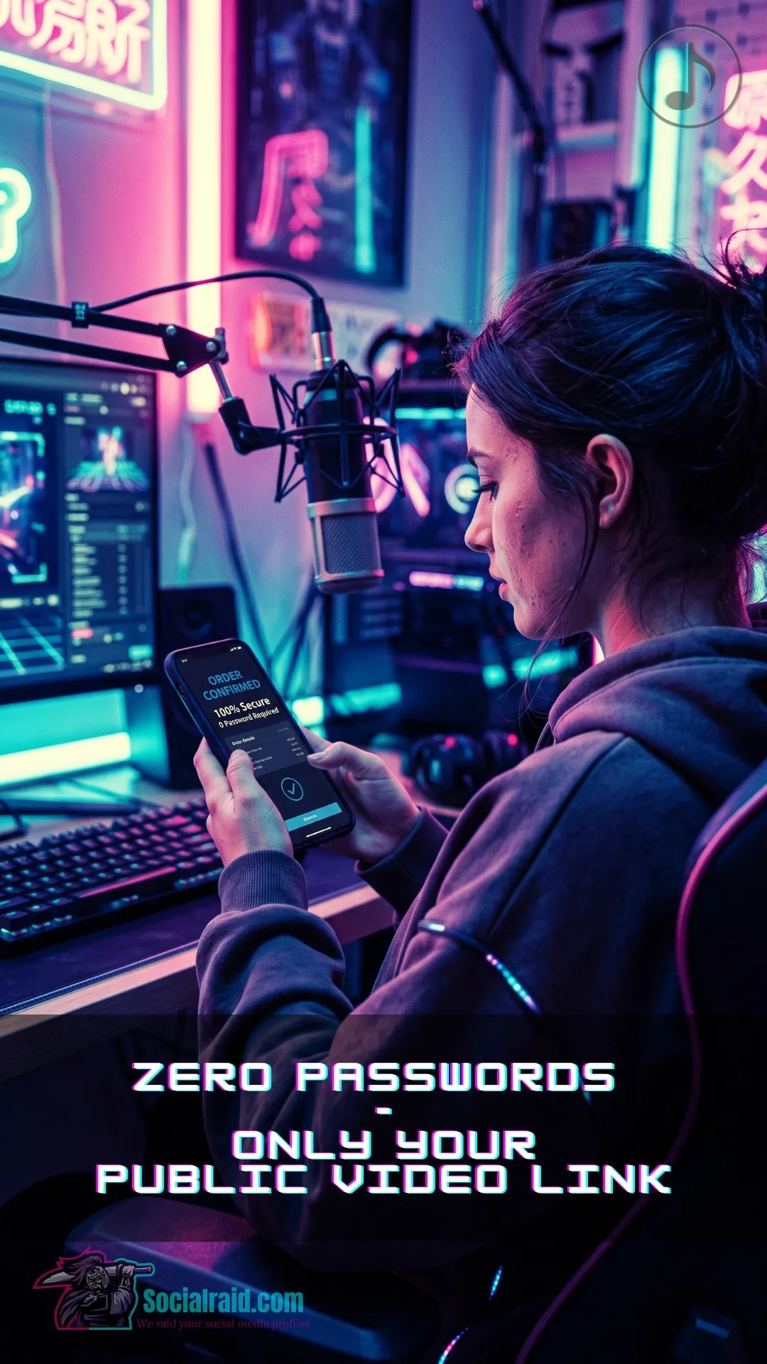 A female content creator reviewing secure zero-password TikTok share orders on a smartphone in a neon studio.