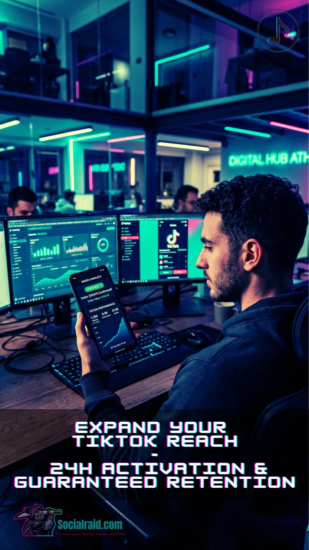 A male digital marketer analyzing successful TikTok video shares delivery on a smartphone in a futuristic workspace.